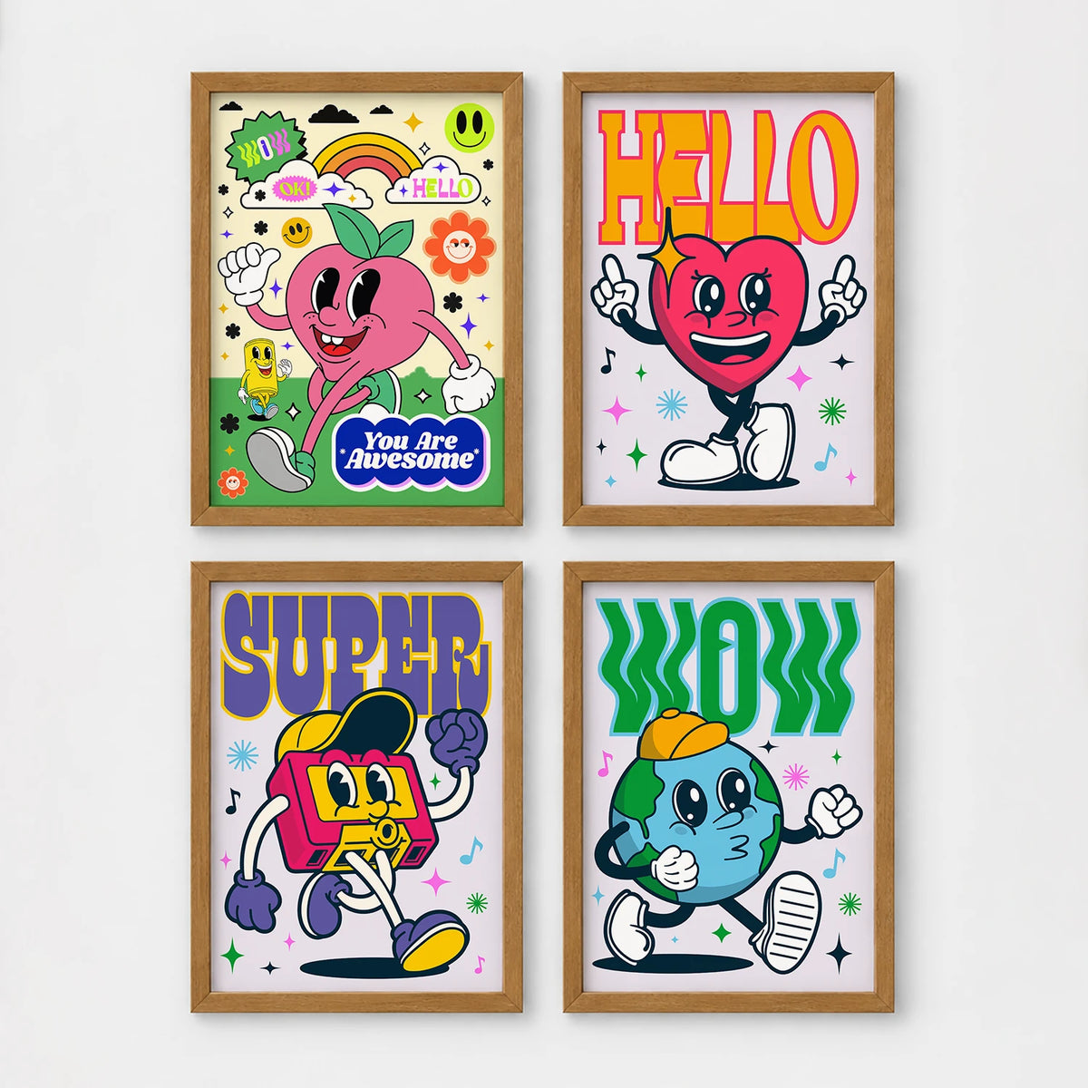 Set of 4 framed prints, retro groovy cartoon mascot illustrations: a smiling peach/apple mascot character with "You Are Awesome" text; a heart-shaped mascot character saying "Hello"; a boombox mascot character with "Super" text; and a globe mascot character with "Wow" text — unframed
