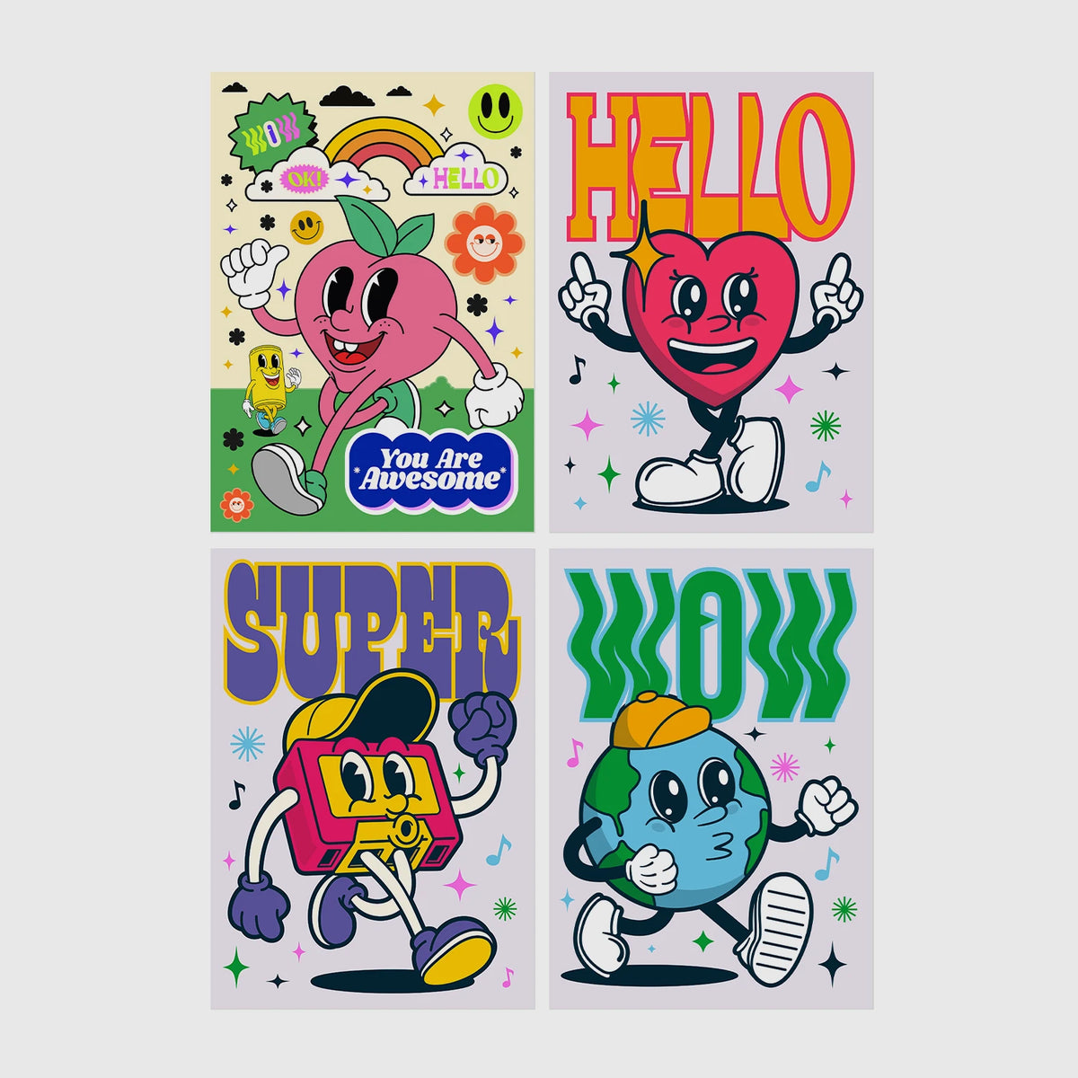 Set of 4 framed prints, retro groovy cartoon mascot illustrations: a smiling peach/apple mascot character with "You Are Awesome" text; a heart-shaped mascot character saying "Hello"; a boombox mascot character with "Super" text; and a globe mascot character with "Wow" text — unframed