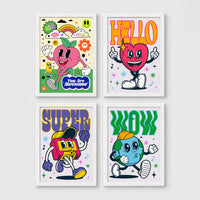 Set of 4 framed prints, retro groovy cartoon mascot illustrations: a smiling peach/apple mascot character with "You Are Awesome" text; a heart-shaped mascot character saying "Hello"; a boombox mascot character with "Super" text; and a globe mascot character with "Wow" text — unframed