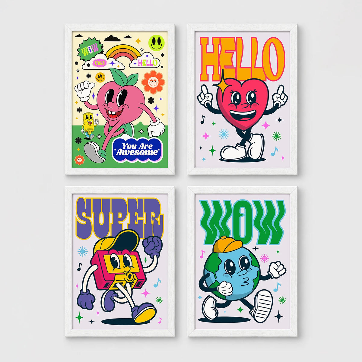 Set of 4 framed prints, retro groovy cartoon mascot illustrations: a smiling peach/apple mascot character with "You Are Awesome" text; a heart-shaped mascot character saying "Hello"; a boombox mascot character with "Super" text; and a globe mascot character with "Wow" text — unframed