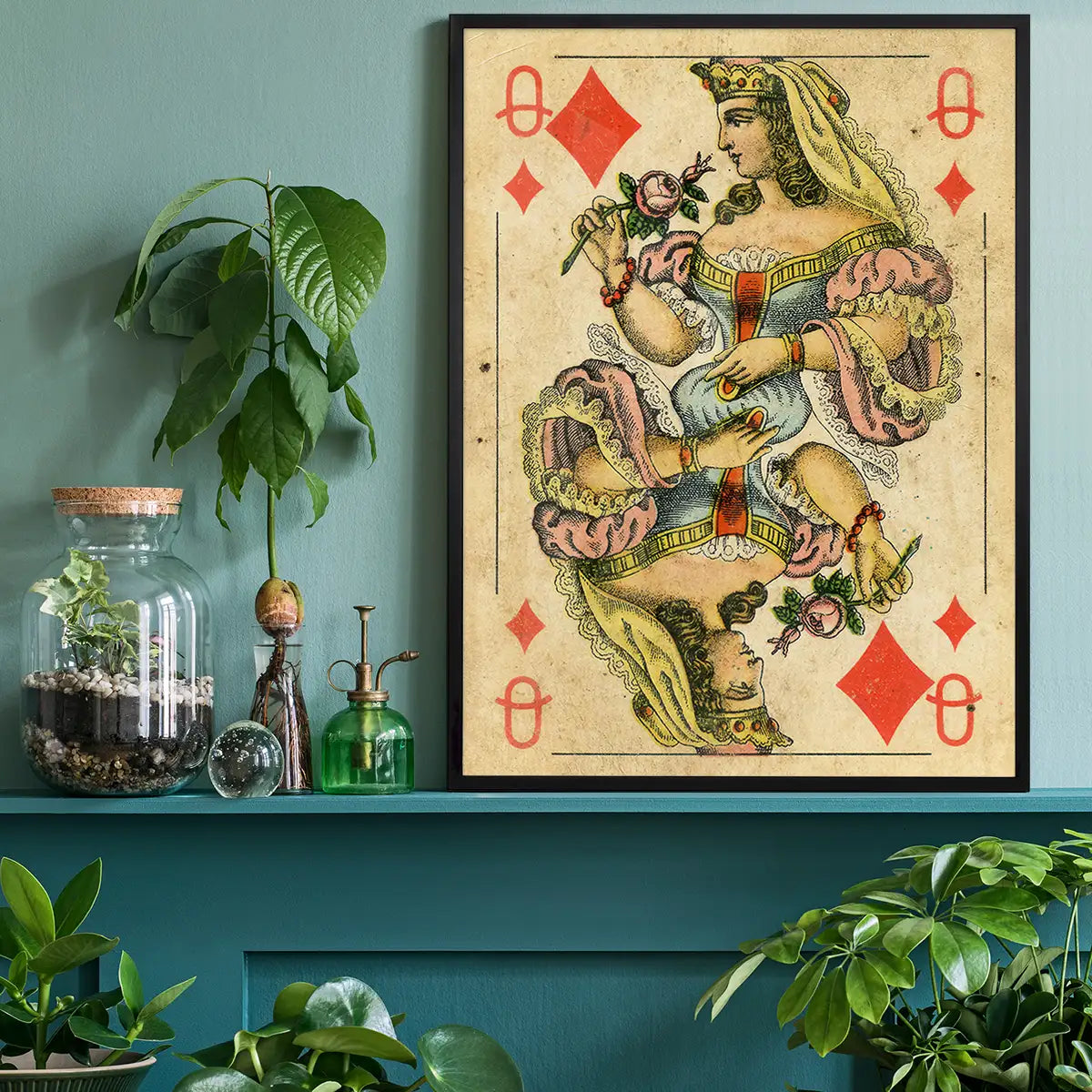 Vintage Playing Card Print - Queen of Diamonds
