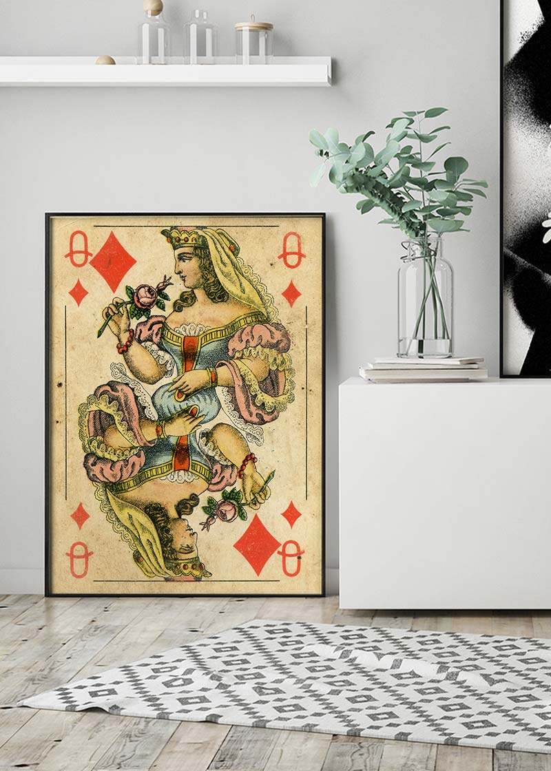 Vintage Playing Card Print - Queen of Diamonds