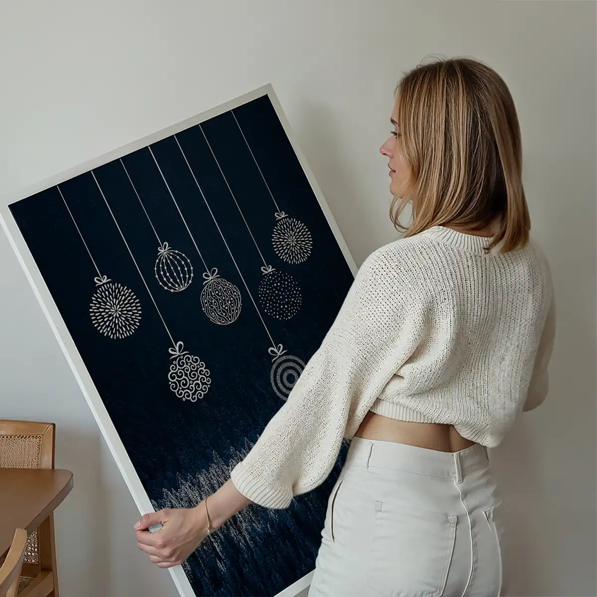 Navy Illustrated Baubles Christmas Print