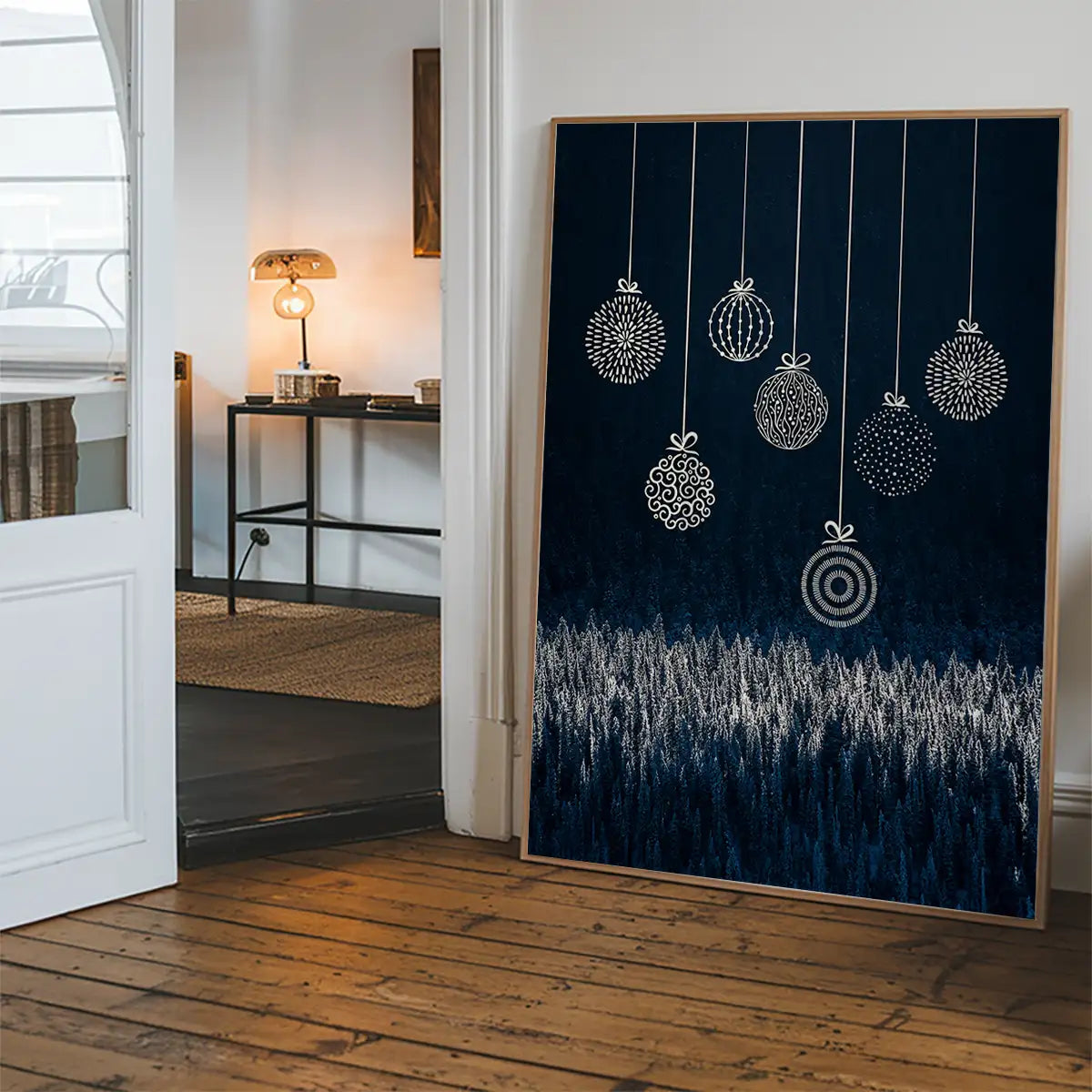 Navy Illustrated Baubles Christmas Print
