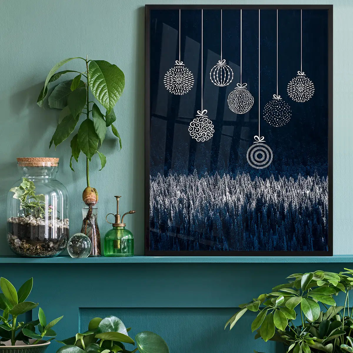 Navy Illustrated Baubles Christmas Print