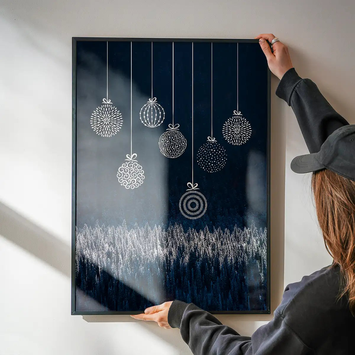 Navy Illustrated Baubles Christmas Print