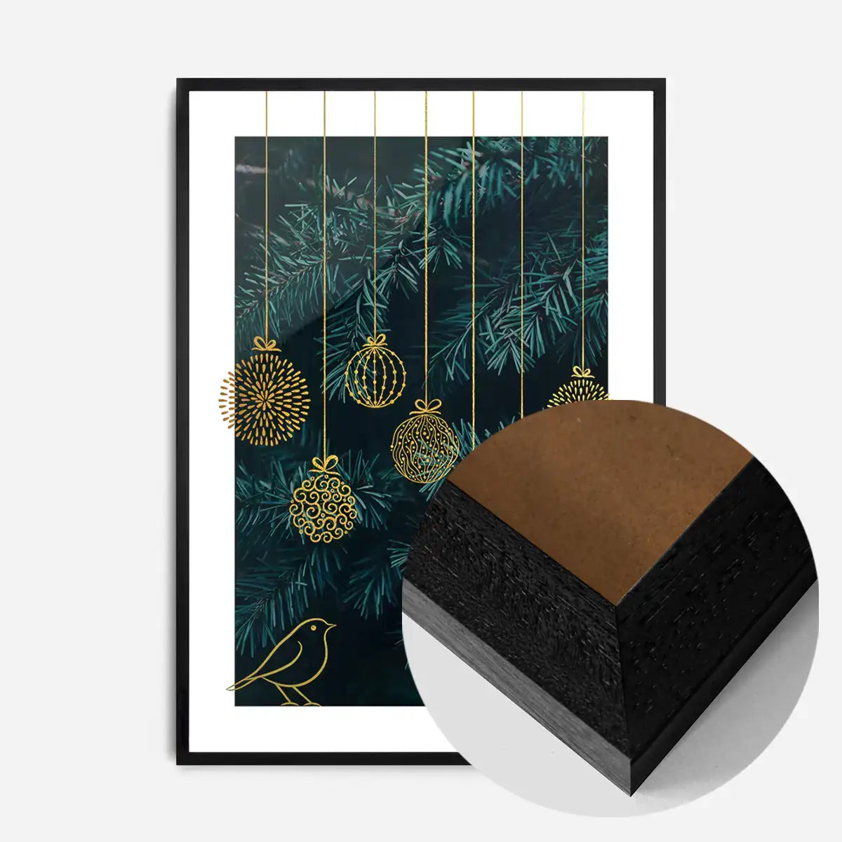 Gold Illustrated Baubles Christmas Print