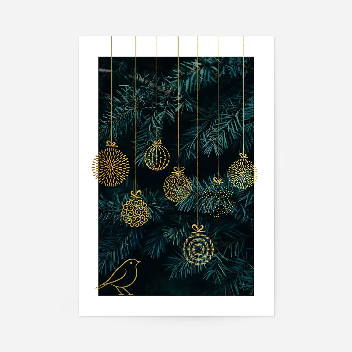 Gold Illustrated Baubles Christmas Print