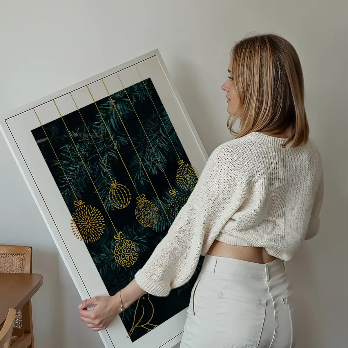 Gold Illustrated Baubles Christmas Print