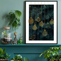 Gold Illustrated Baubles Christmas Print