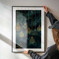 Gold Illustrated Baubles Christmas Print