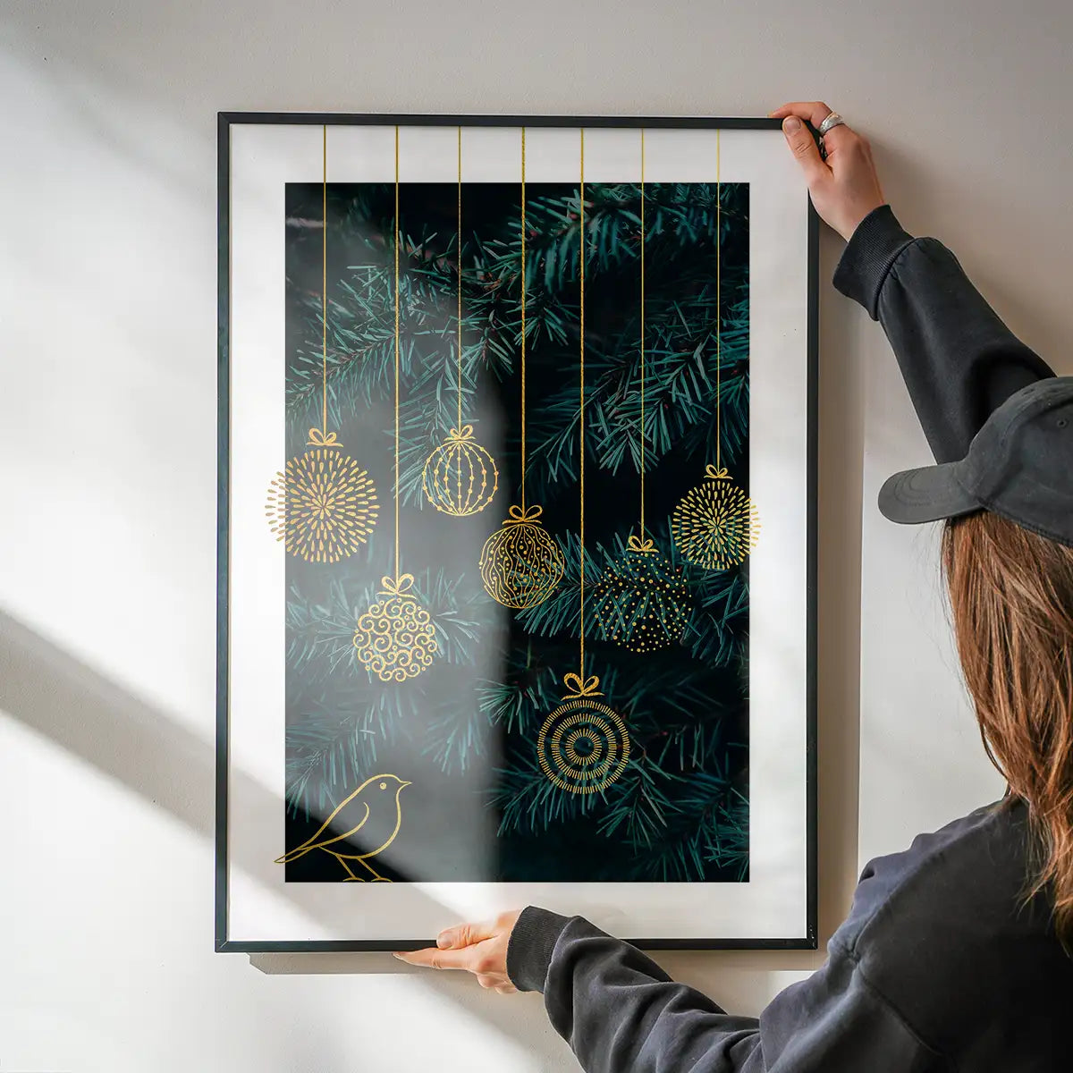 Gold Illustrated Baubles Christmas Print