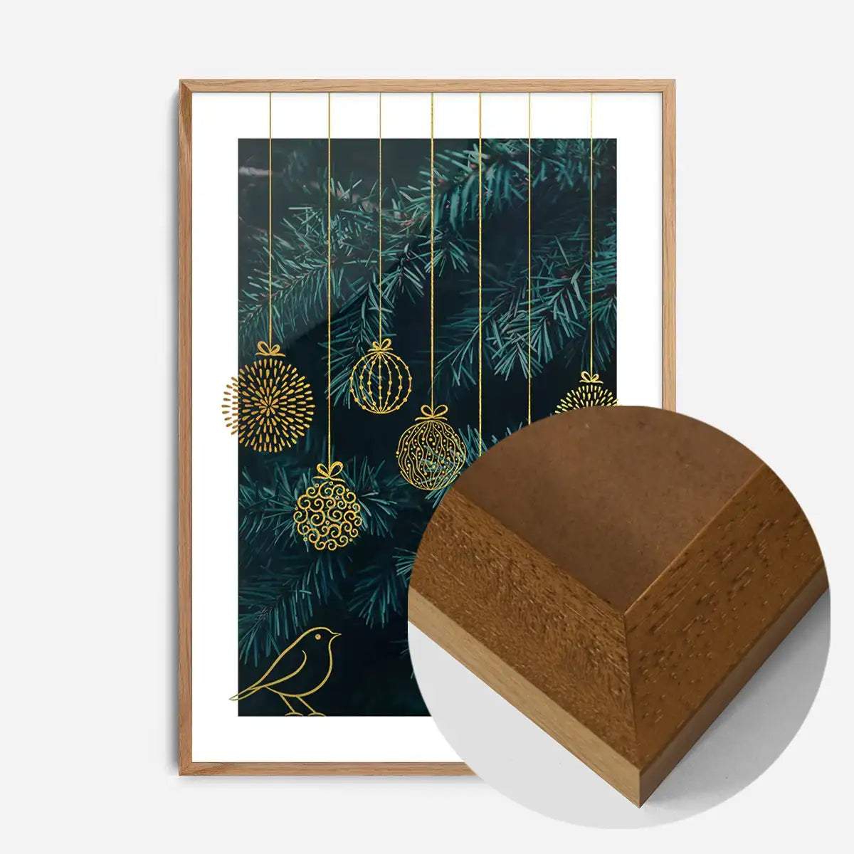 Gold Illustrated Baubles Christmas Print