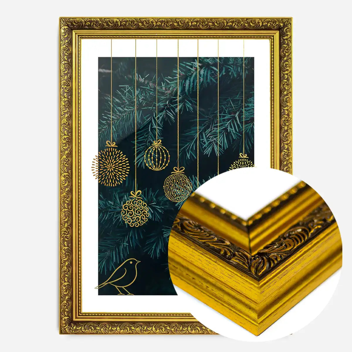 Gold Illustrated Baubles Christmas Print