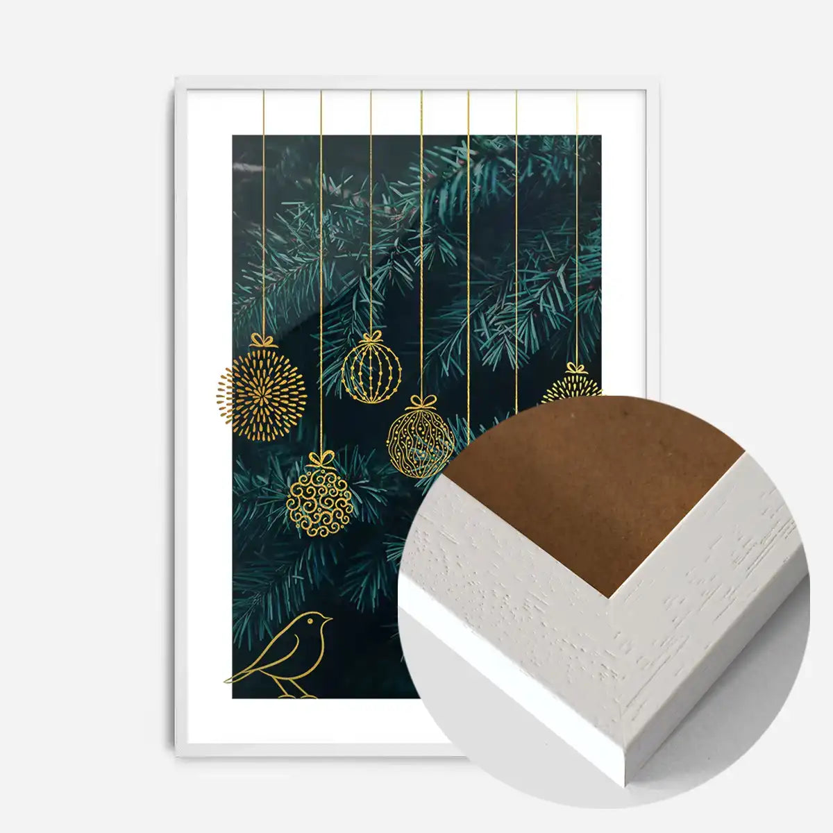 Gold Illustrated Baubles Christmas Print