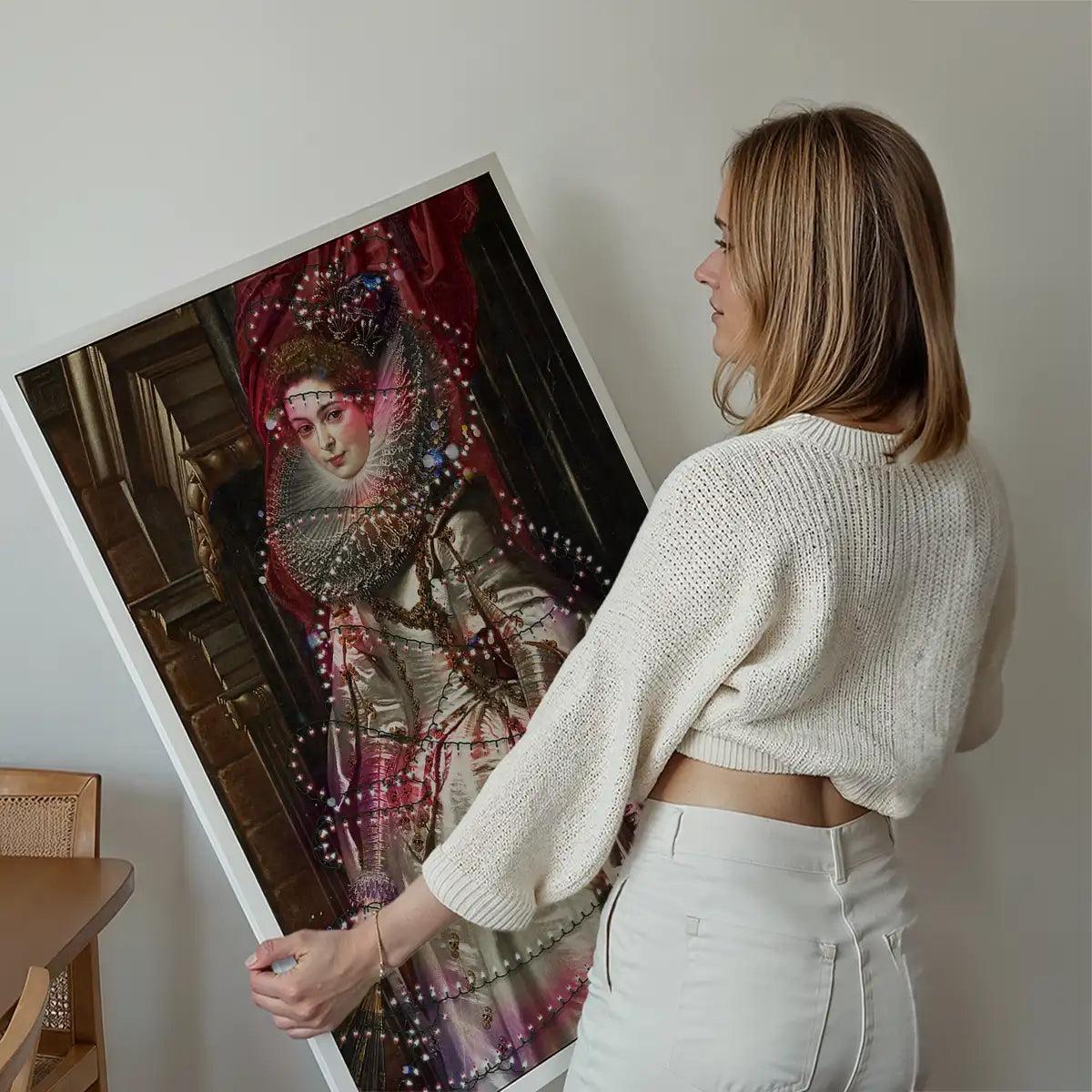 Portrait Wrapped in Fairy Lights Christmas Print