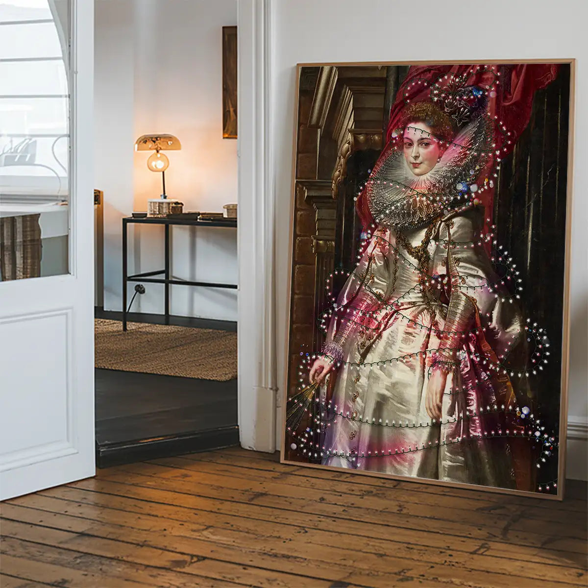 Portrait Wrapped in Fairy Lights Christmas Print
