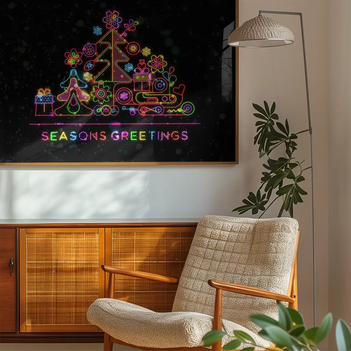 Seasons Greetings Neon Christmas Tree Print