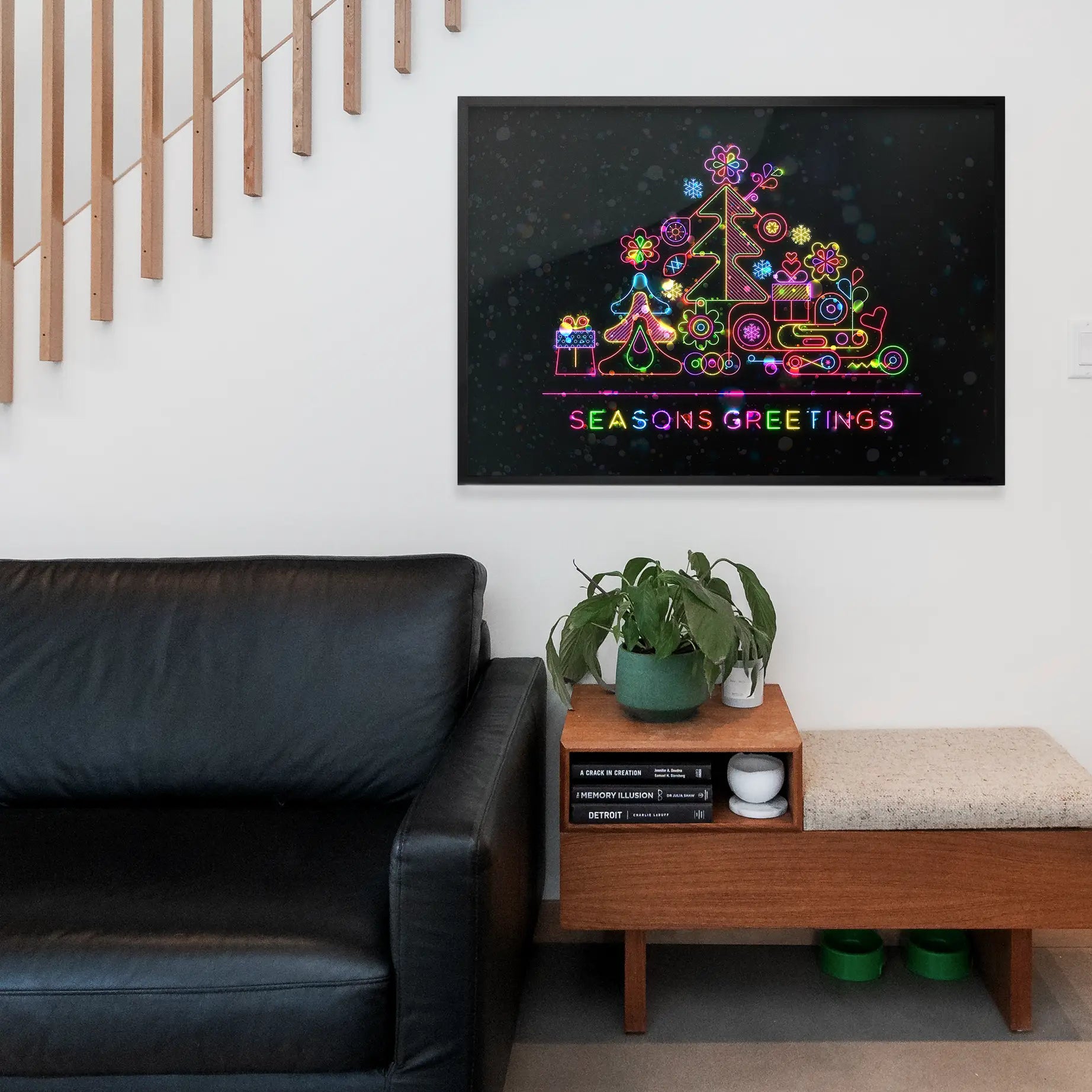 Seasons Greetings Neon Christmas Tree Print