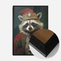 Framed Christmas racoon portrait print in a red costume and gold hat, with a layered wood edge detail.