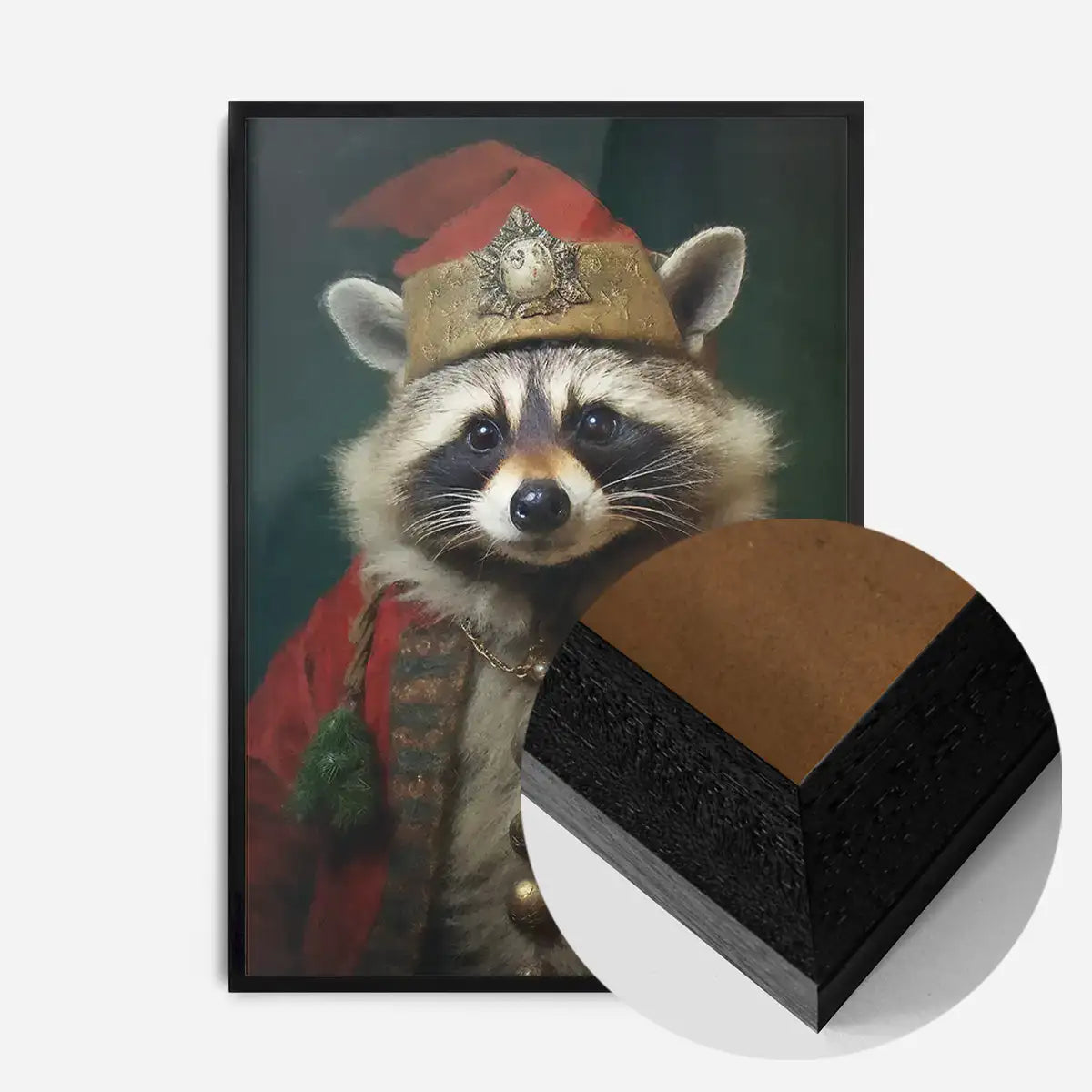 Framed Christmas racoon portrait print in a red costume and gold hat, with a layered wood edge detail.