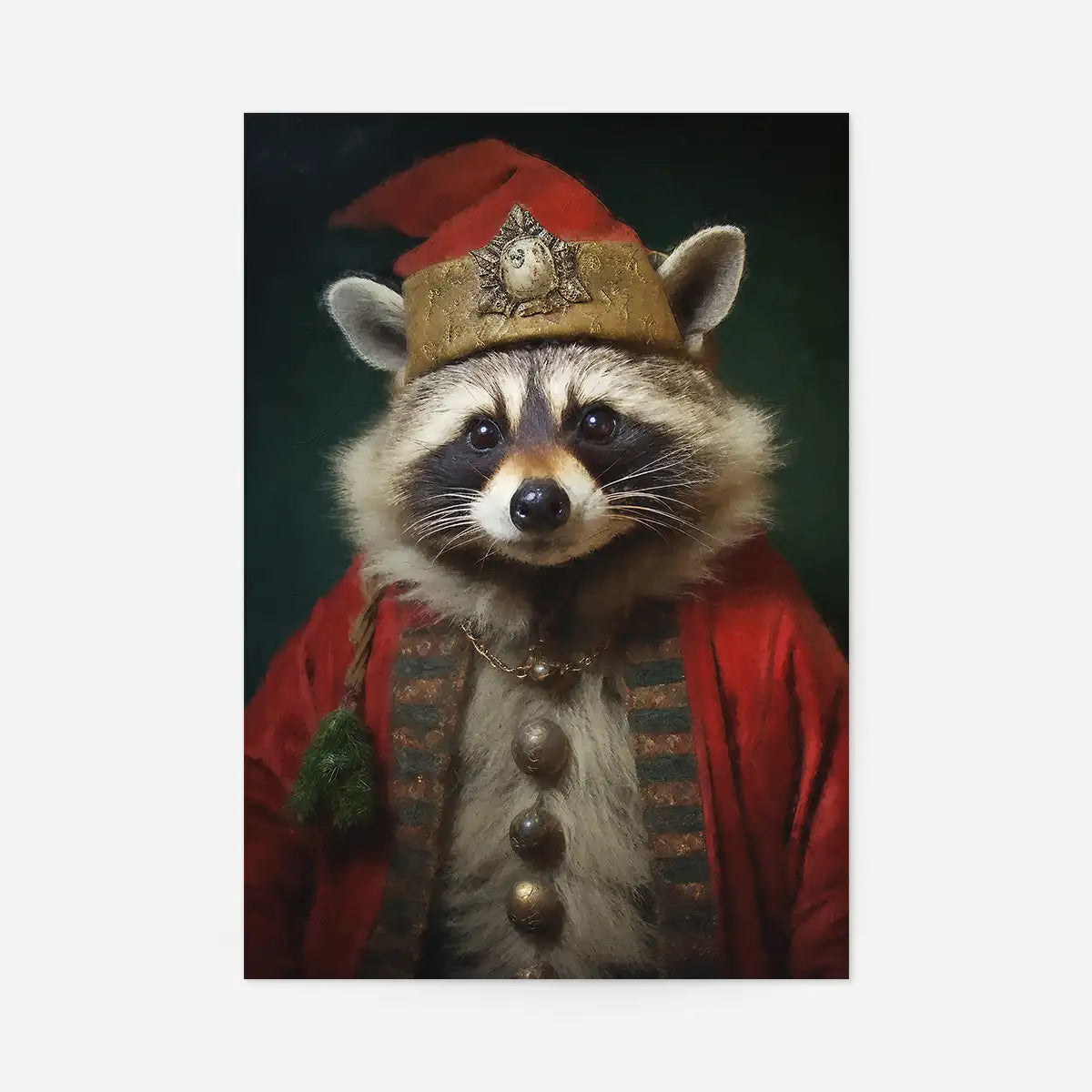 Cute racoon in a red Christmas costume with a gold hat, portrait print.