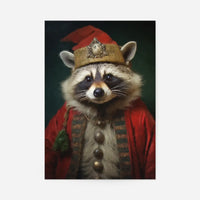 Cute racoon in a red Christmas costume with a gold hat, portrait print.