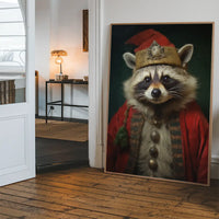 Christmas Racoon Animal Portrait Print: Cute raccoon in red festive costume with gold hat and trim.