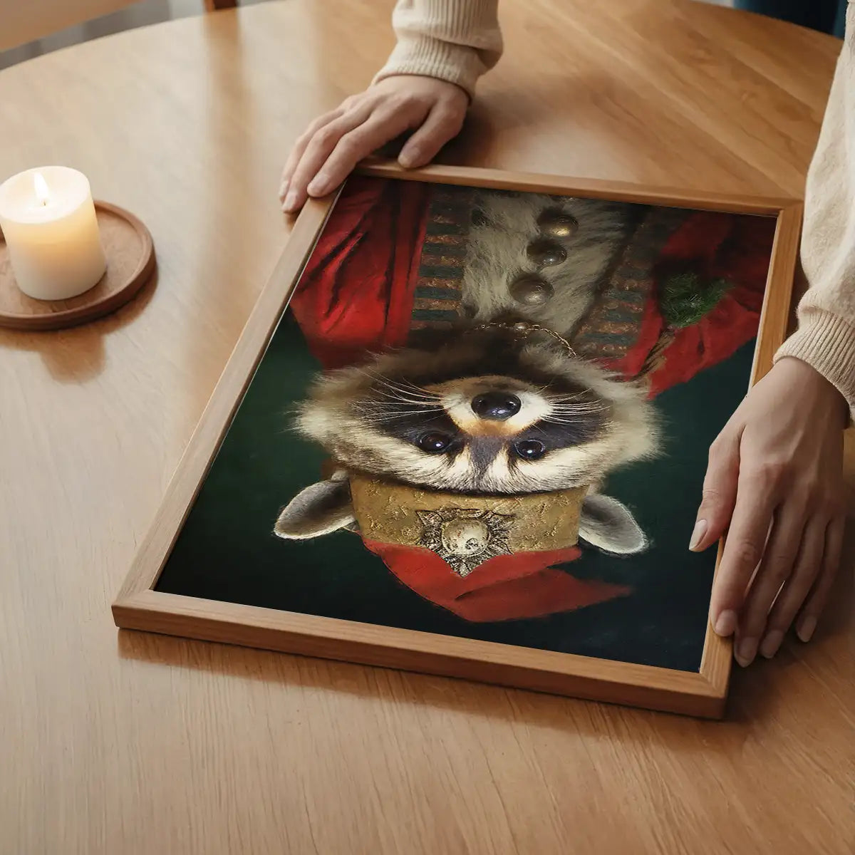 Framed Christmas Racoon Animal Portrait Print in a red costume and gold hat, held on a wooden table.