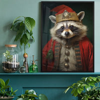 Christmas Racoon Animal Portrait Print: Cute racoon in red festive costume and gold hat, framed.