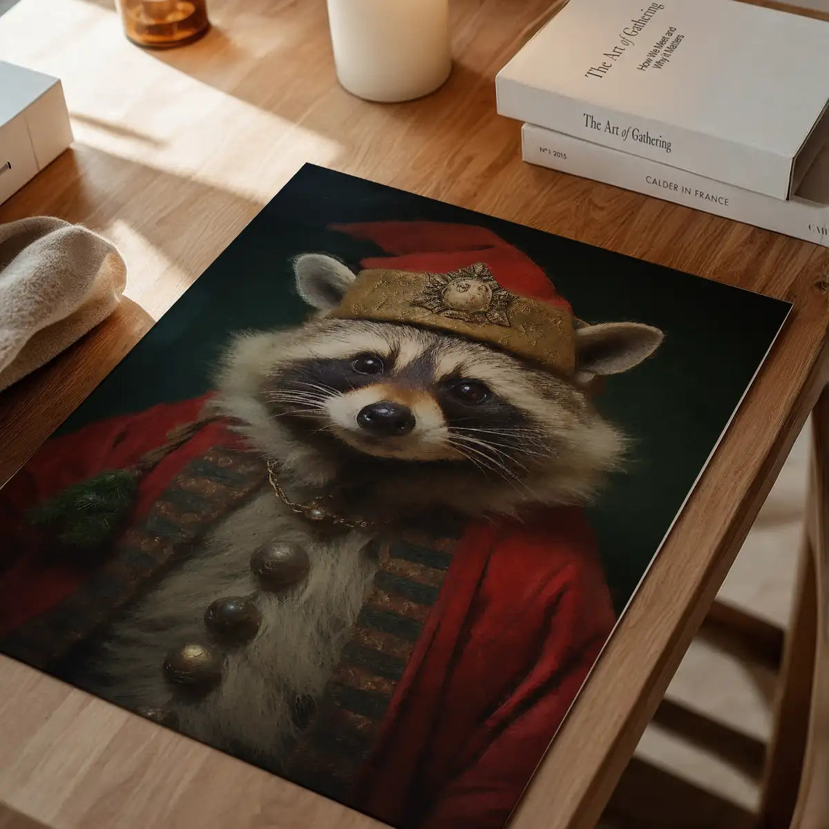 Festive racoon portrait print in a red Santa hat and coat with gold trim, on a wooden surface.
