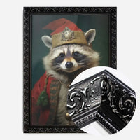 Ornate black framed print of a cute raccoon in a red Christmas costume and gold hat.