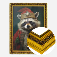 Christmas Racoon Animal Portrait Print in a gold ornate frame.
