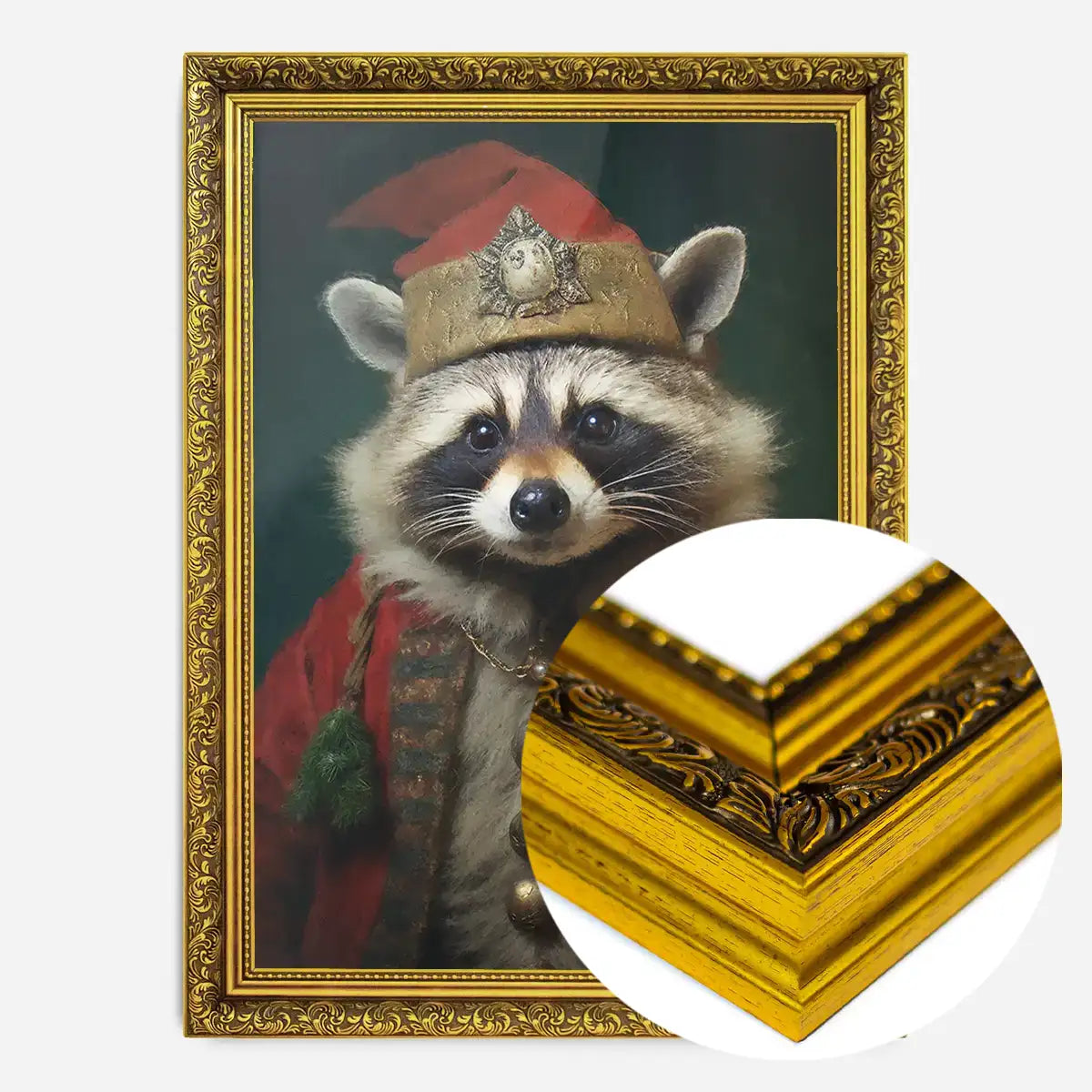 Christmas Racoon Animal Portrait Print in a gold ornate frame.