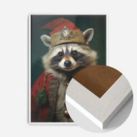 Christmas raccoon portrait print in a white frame, wearing a red coat and festive hat.