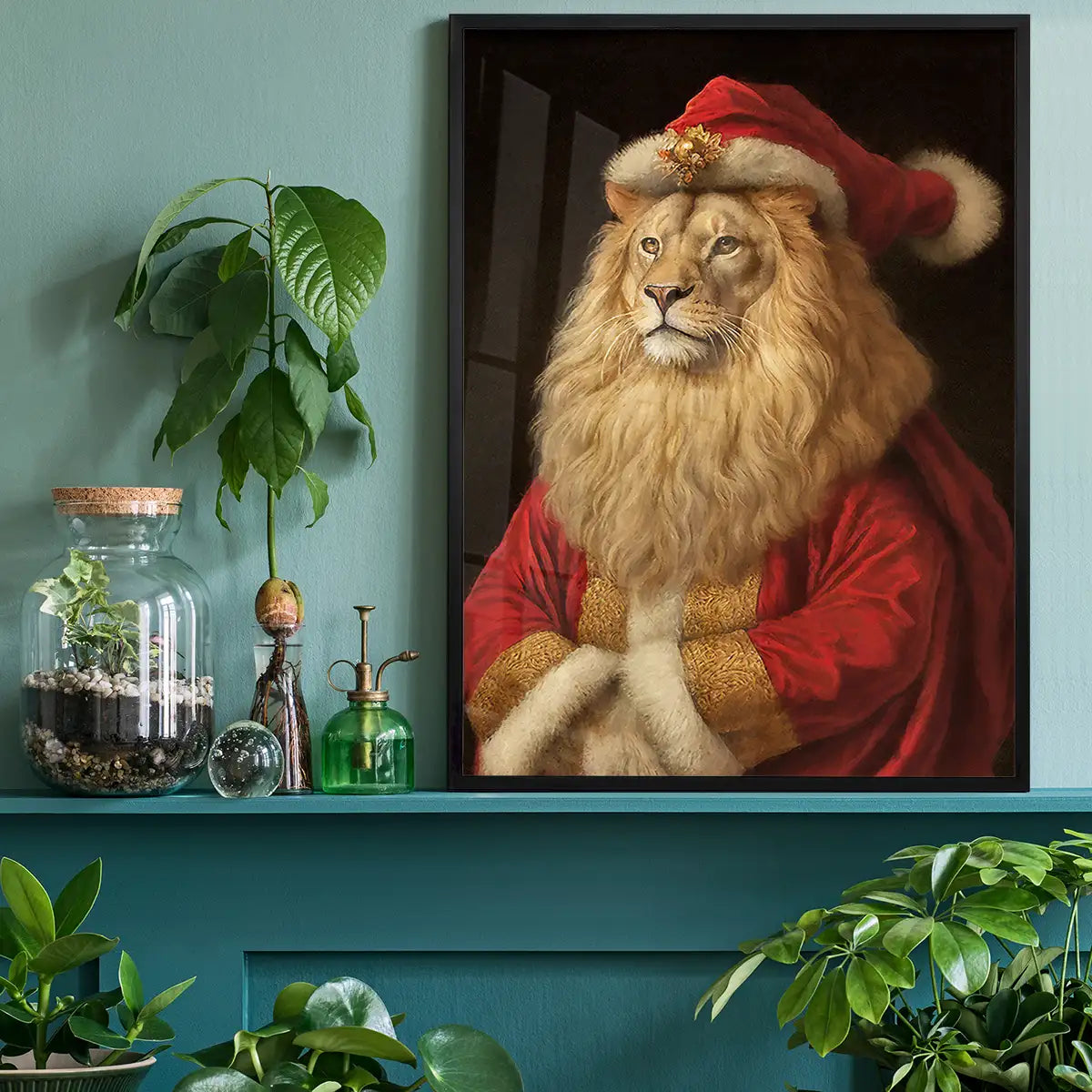 Christmas Lion Animal Portrait Print