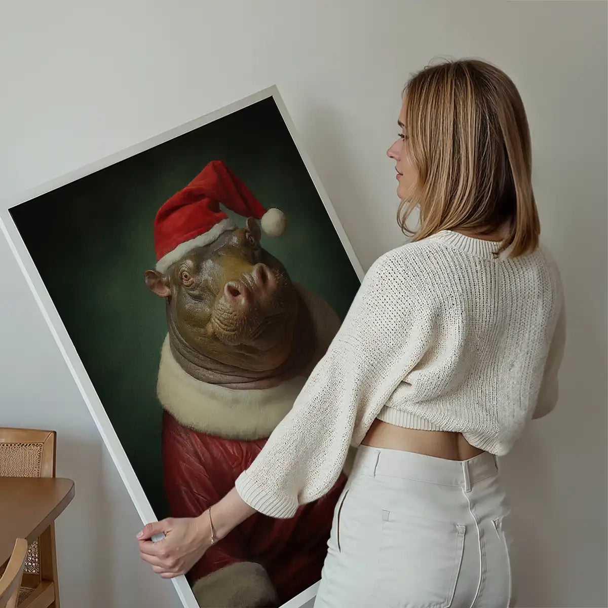 Christmas Hippo Animal Portrait Print