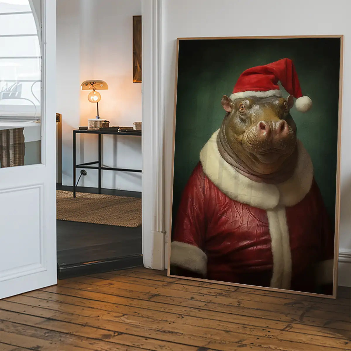 Christmas Hippo Animal Portrait Print
