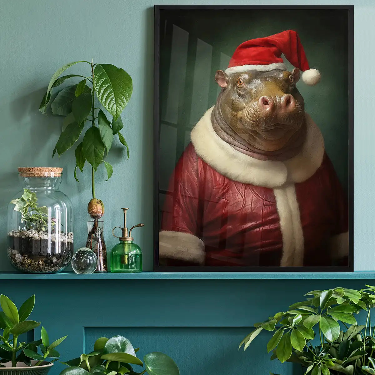 Christmas Hippo Animal Portrait Print