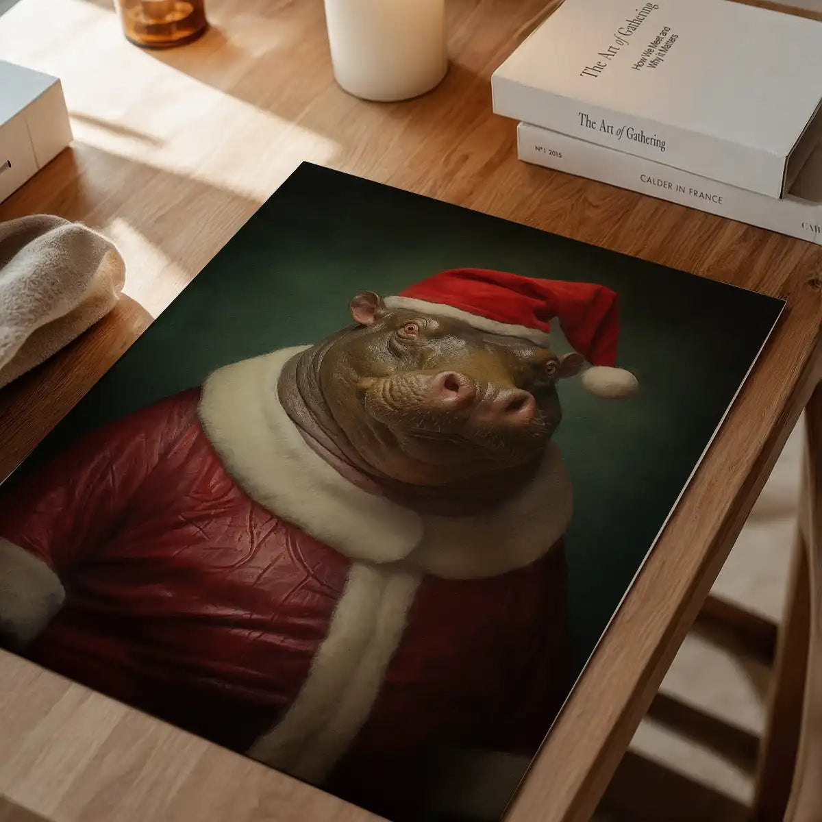 Christmas Hippo Animal Portrait Print
