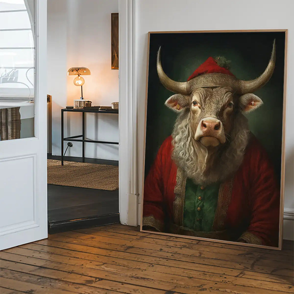 Christmas Bull Animal Portrait Print