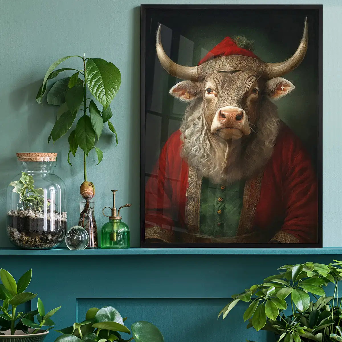 Christmas Bull Animal Portrait Print
