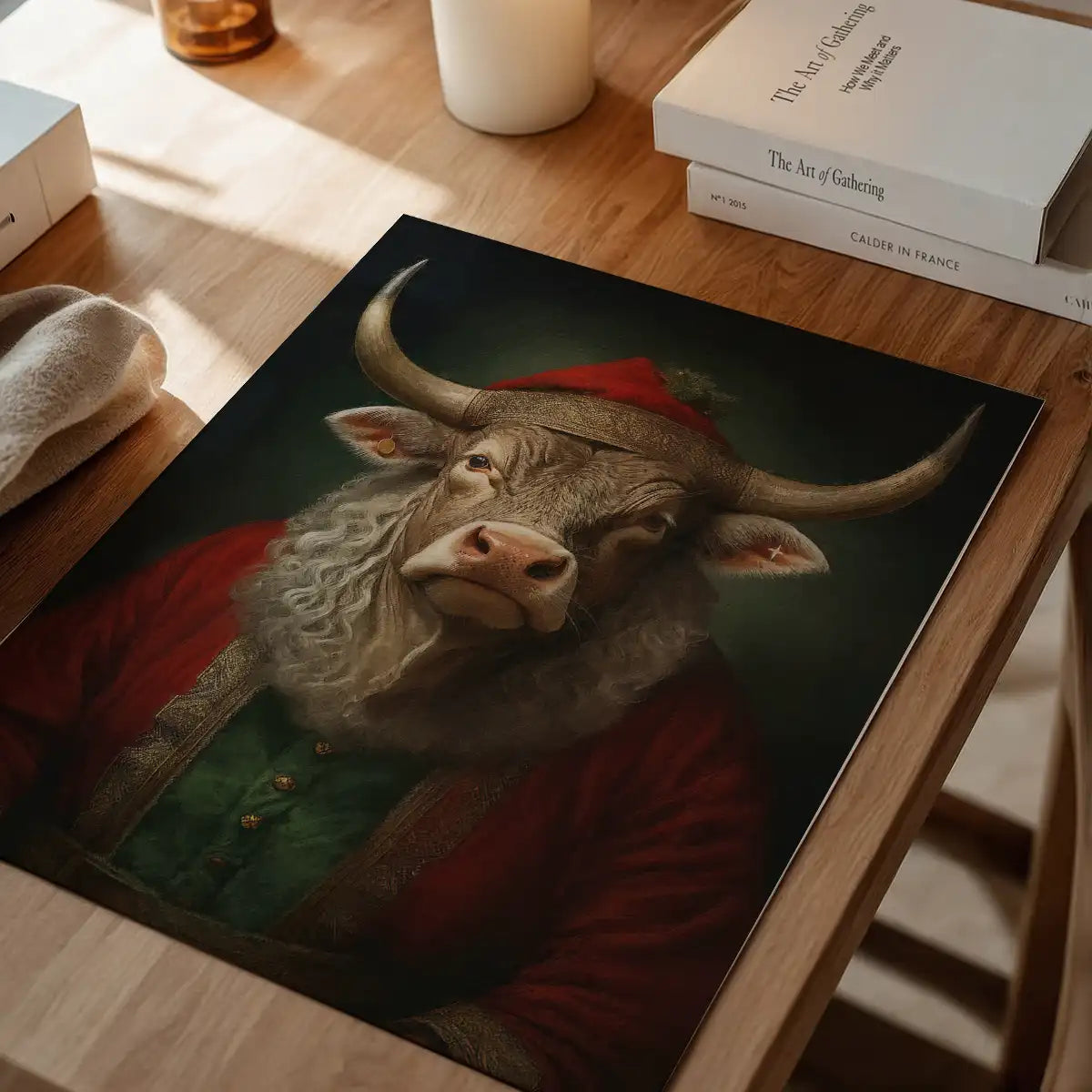 Christmas Bull Animal Portrait Print