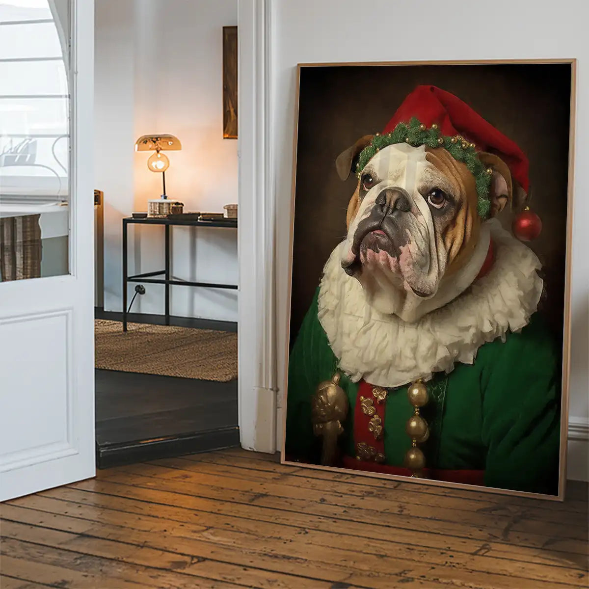 Christmas Elf Bulldog Animal Portrait Print
