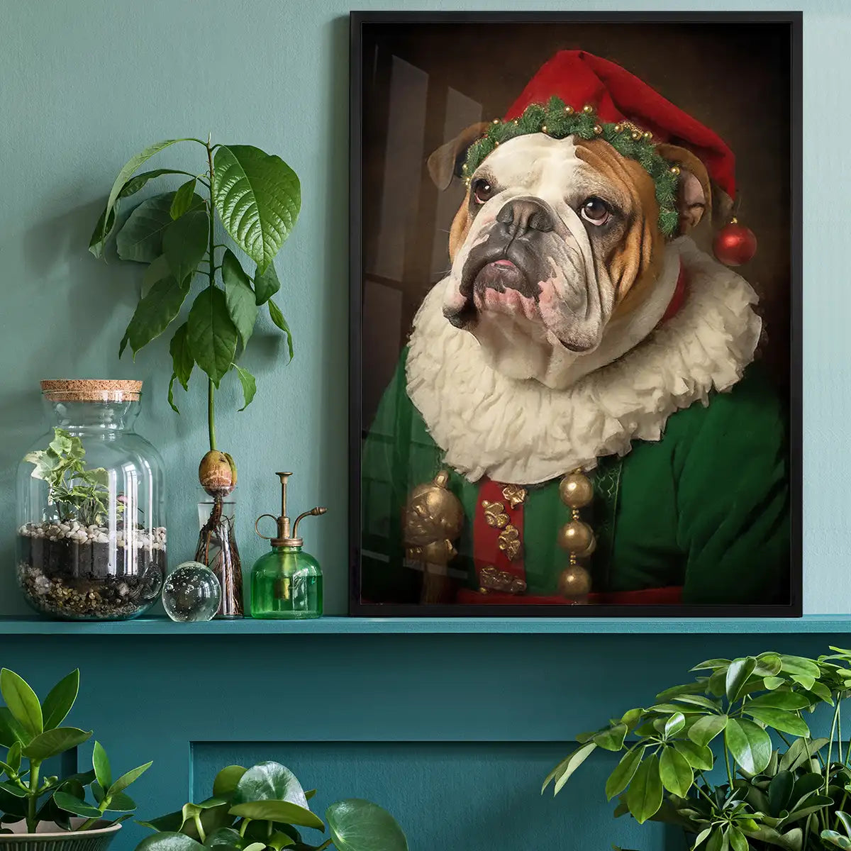 Christmas Elf Bulldog Animal Portrait Print