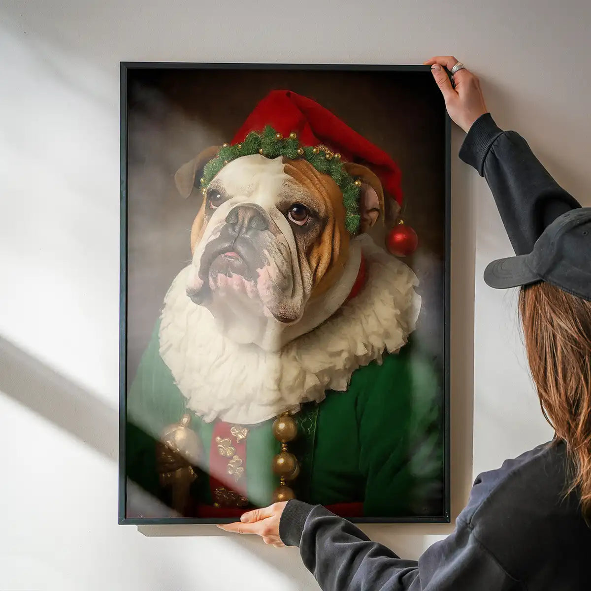 Christmas Elf Bulldog Animal Portrait Print