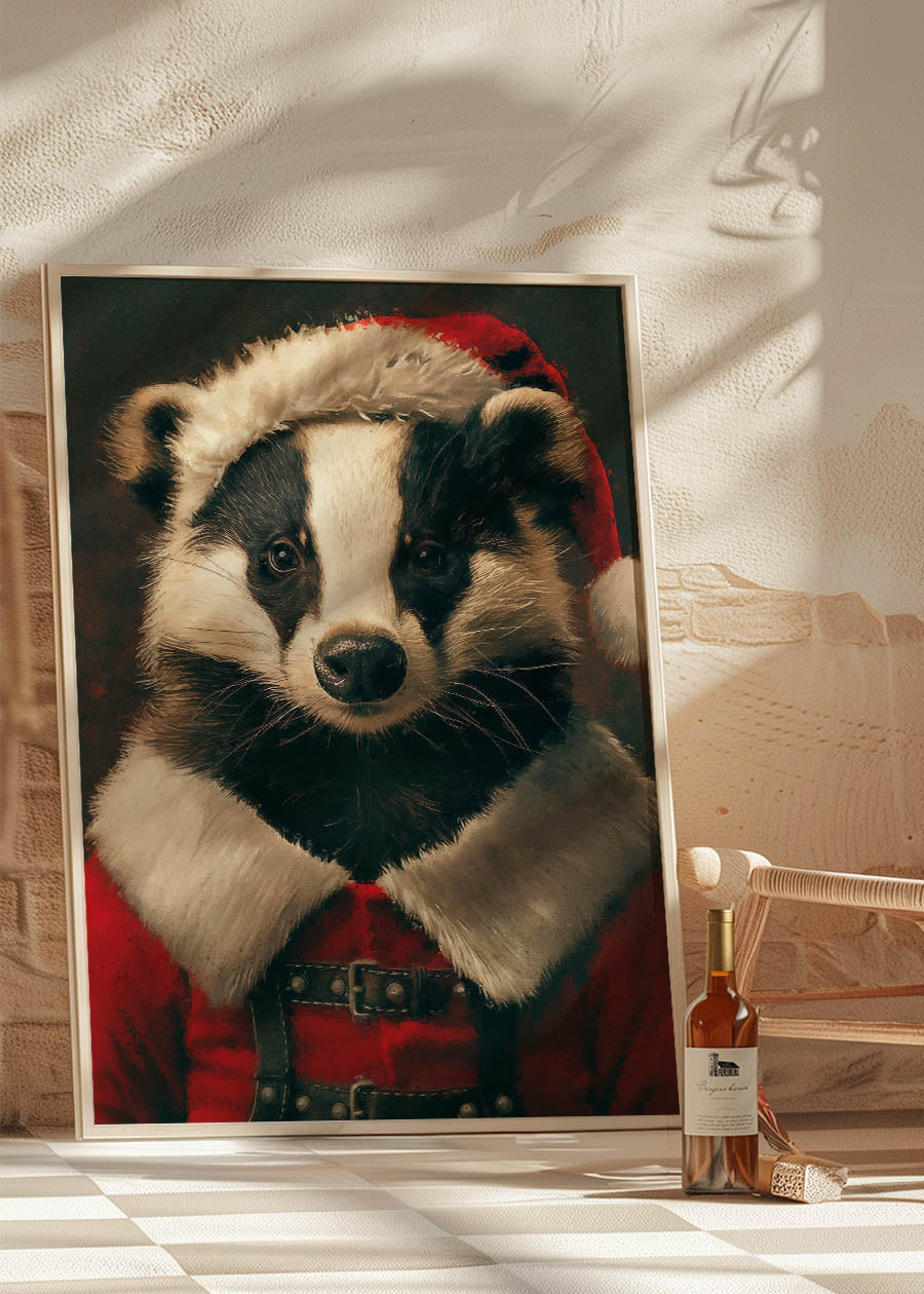 Christmas Badger Animal Portrait Print