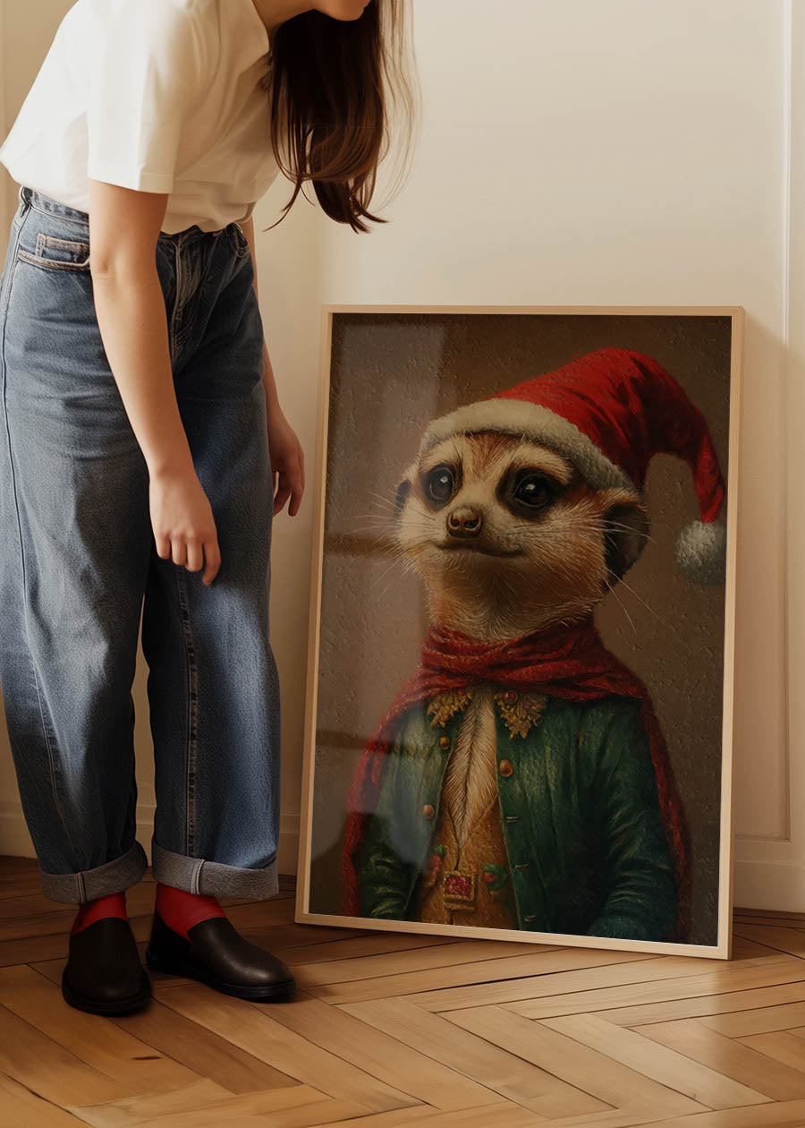 Christmas Meerkat Animal Portrait Print