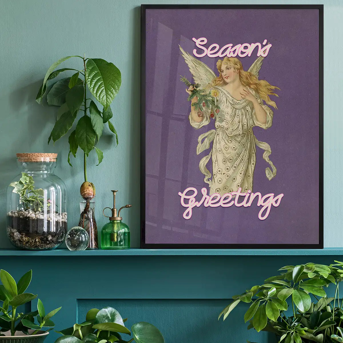 Season's Greetings Vintage Angel Christmas Poster Print