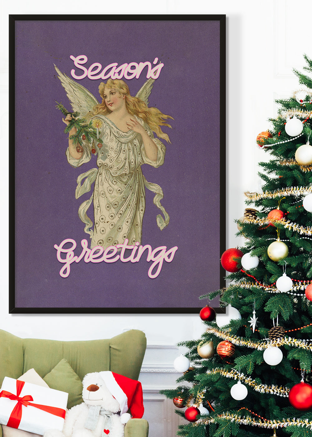 Season's Greetings Vintage Angel Christmas Poster Print